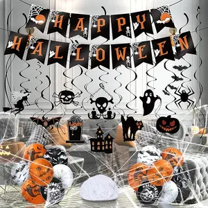 Halloween Party Hanging Decorations Kit- Halloween Hanging Swirl, Halloween Banner, Halloween Balloons with Halloween Spider Web Stretchable Cobweb for Halloween Indoor Outdoor Decoration