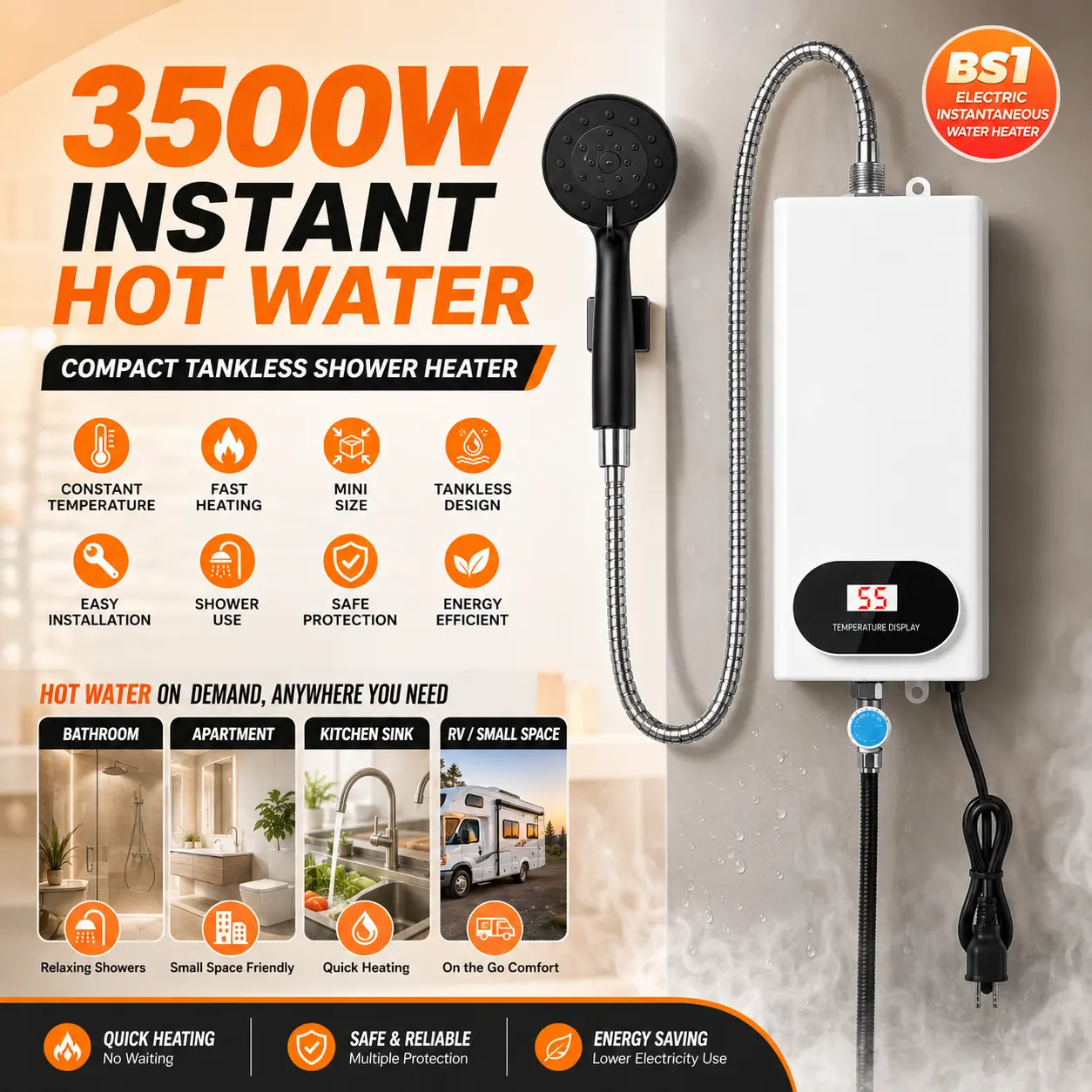 3500W Tankless Water Heater with Shower Head, Instant Hot Water, LCD Temperature Display, Compact Electric Heater for Bathroom Kitchen RV, Easy Install 110V #SummerVibes