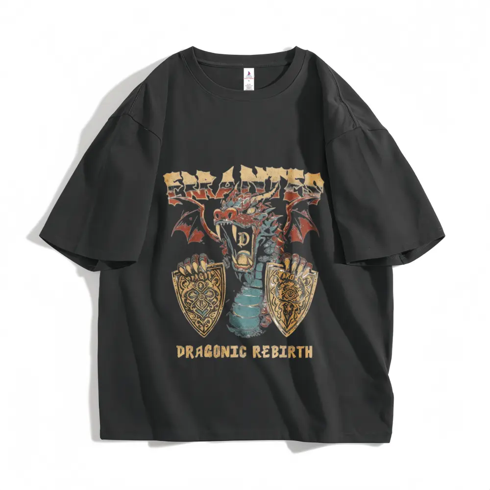 Dragonic Rebirth Graphic T-Shirt, Unisex Vintage Medieval Gothic Cotton Tee, Oversized Fit Short Sleeve Crew Neck Streetwear Top, Shortsleeve, Print
