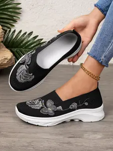 Women's Knit Slip-On Casual Sneakers, Lightweight Footwear with Floral Embroidery for Everyday Wear
