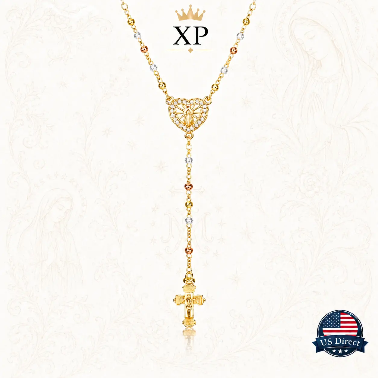 14 K Gold Plated Virgin Mary Rosary Necklace and Bracelet - Dainty Hypoallergenic Copper Jesus Cross Heart Pendant, Non Tarnish Faith Jewelry, Religious Mother's Day Birthday Gifts for Her Girlfriend Gold Statement Chain