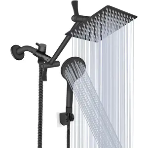 Shower  10'' High  Rainfall Shower /Handheld Shower Combo with 11'' Extension Arm, 9 Settings Anti-leak  with Holder, Height/Angle Adjustable, Chrome, Matte Black