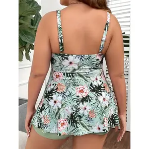 Women's Vacay Tankini Set, Plus Size Tropical Print Neck Top & Boxer Short Bottom Swimsuit 2 Piece Set
