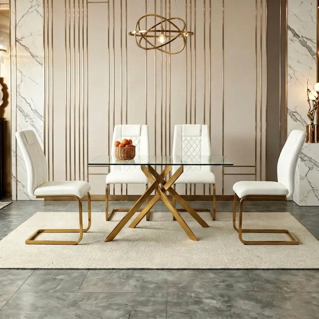 5-Piece Dining Table and Chair Set, 51.18" Modern Rectangular Clear Glass Dining Table, 4 High-Back PU Leather Chairs, Metal Legs, Tempered Glass Top, Modern Kitchen Dining Table, Suitable for Dining Room and Living Room, Gold+White   dining furniture