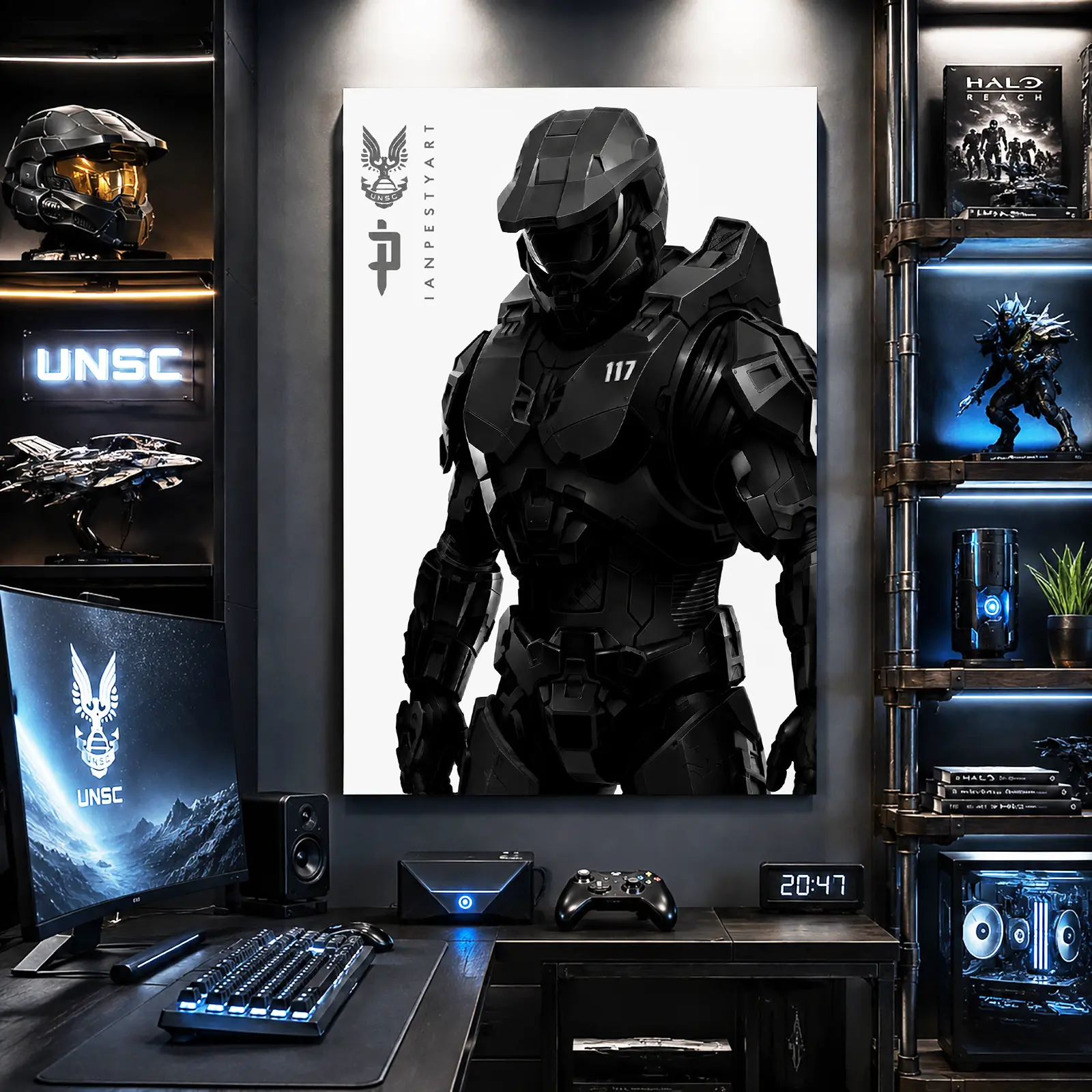 Black Spartan Master Chief 117 UNSC Halo Canvas Wall Art Poster, Minimalist Black White Game Poster, Modern Gaming Room Decor, Cool Xbox Gamer Bedroom Wall Decor, Perfect Gift for Halo Infinite Fans, Unframed Canvas Print with Real Canvas Texture