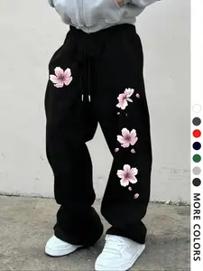 Men's Casual Floral Print Sweatpants, Drawstring Loose-Fit Wide Leg Pants, All-Season Comfortable Men's Clothing for Daily Wear