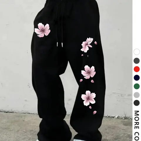 Men's Casual Floral Print Sweatpants Trouser, Drawstring Loose-Fit Wide Leg Long Pants, All-Season Comfortable Men's Clothing for Daily Wear, Casual Loungewear Pants