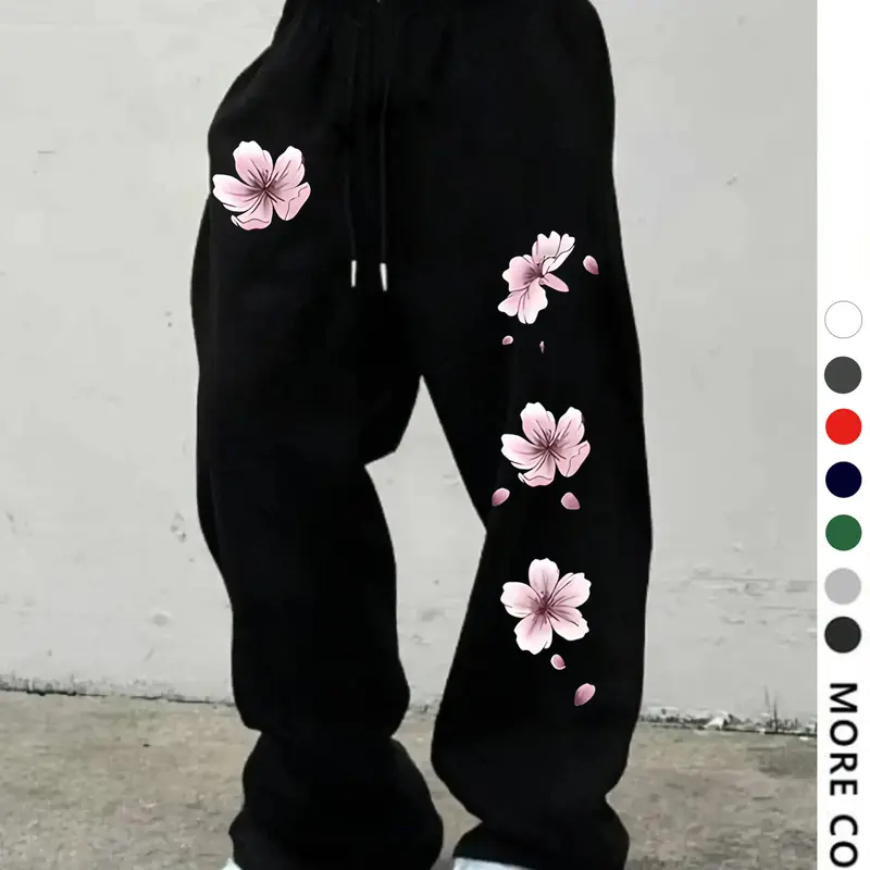 Men's Casual Floral Print Sweatpants Trouser, Drawstring Loose-Fit Wide Leg Long Pants, All-Season Comfortable Men's Clothing for Daily Wear, Casual Loungewear Pants