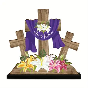Wooden Cross with Flowers Decoration, Easter Cross Decoration, Religious Desktop Decoration, Catholic Ornament for Home, Church, Seasonal Display