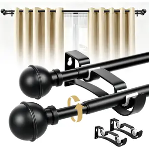 Adjustable Double Curtain Rods for Windows Set 30 to 57 Inch, Black Curtain Rod with 2PCS Brackets, Small Extra Long 5/8" Diameter Blackout for Bedroom, Living Room