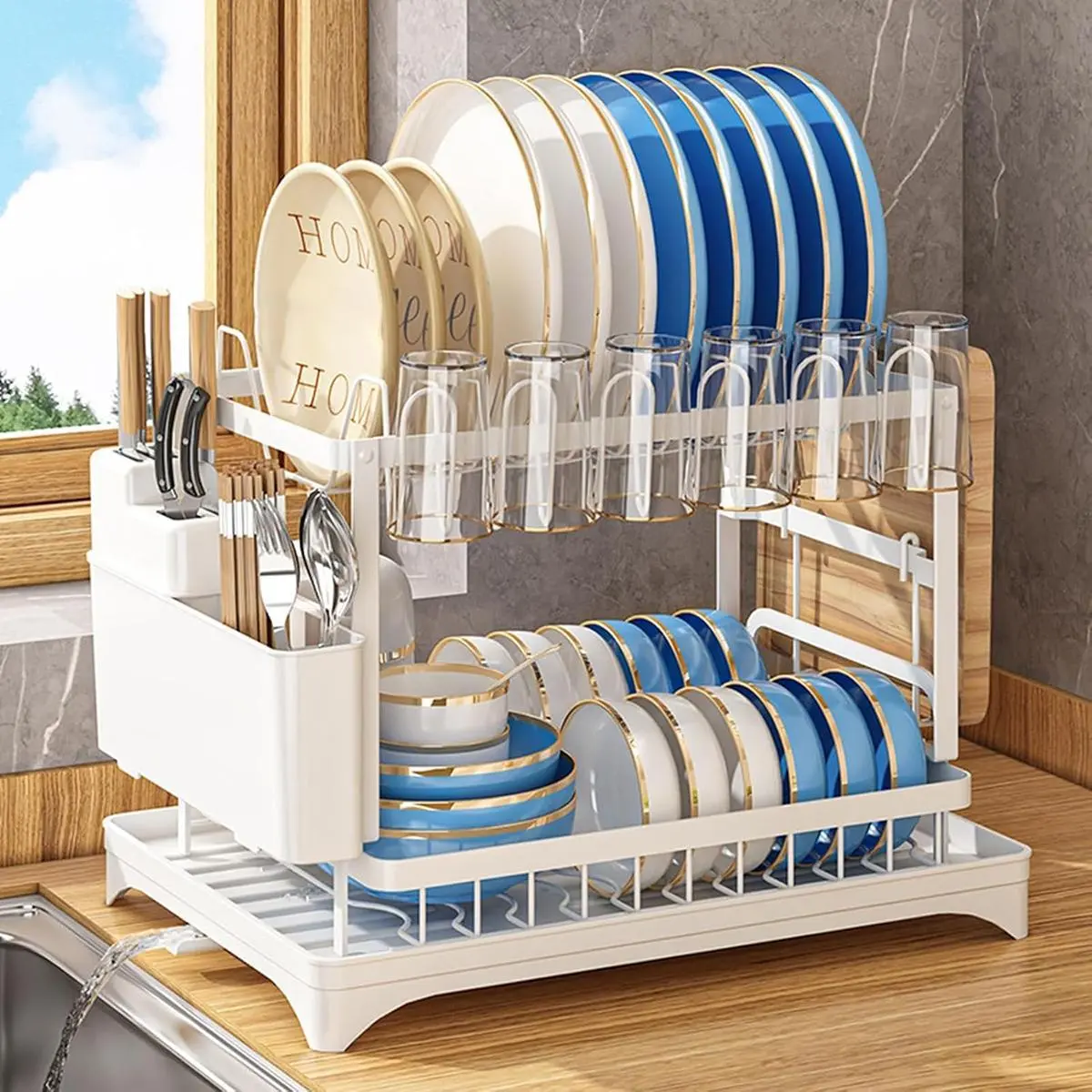 2-Tier Dish Drying Rack Dish Drying Organiser with Drainboard Detachable Dish Drainer Organizer Kitchen Gadgets Space Saver Foldable Storage Rack,Black