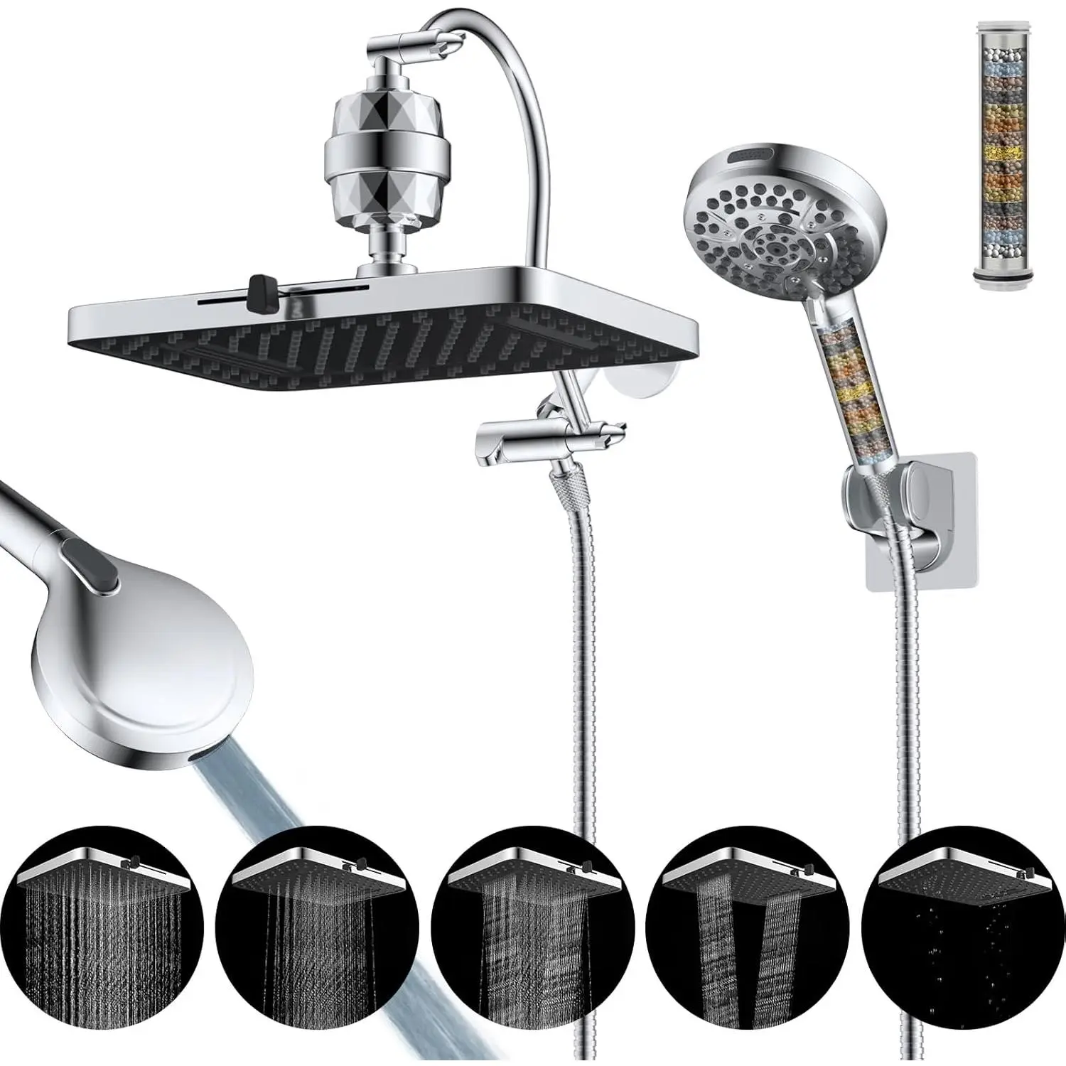 Upgraded 5-spray 13'' Dual Filtered Rainfall Shower  Combo, High  10-setting Handheld Shower  with 12'' Adjustable Extension Arm, 20 Stage Shower Filter, 71'' Hose, Chrome