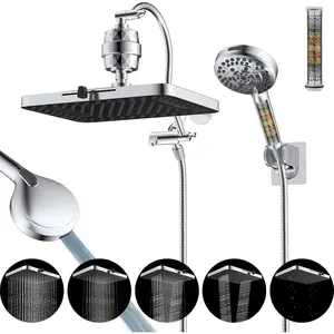 Upgraded 5-spray 13'' Dual Filtered Rainfall Shower  Combo, High  10-setting Handheld Shower  with 12'' Adjustable Extension Arm, 20 Stage Shower Filter, 71'' Hose, Chrome