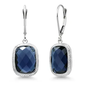 925 Sterling Silver Blue Simulated Sapphire Drop Dangle Earrings For Women (4.60 Cttw, Cushion Checkerboard Cut 13X9MM)
