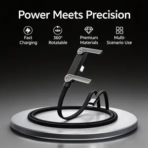 Invisible Holder Charger Cable, 240W Type-C Fast Charging Cable,   4.9 FT with 360° Adjustable Metal Stand, 2 in 1 Holder Charger for Gaming, Office, Home