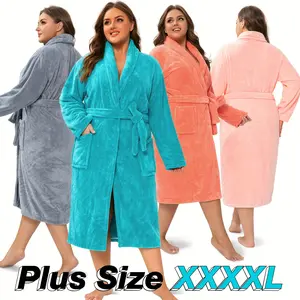 1PCS Large Plus Size Women's Bathrobe (350gsm) - Thickened Coral Fleece, Shawl Collar, Adjustable Waist Belt & Pockets, Suitable for Home, Travel, Sauna, Spa