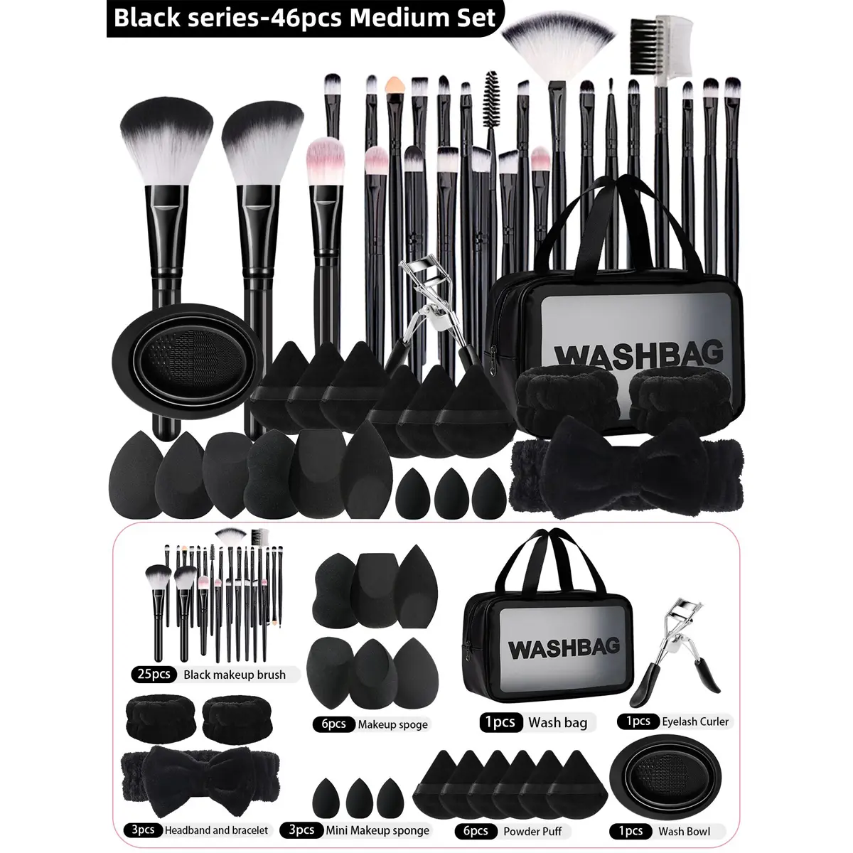 Professional Makeup Brush Kit - 46-Piece Beauty Products Set with Storage Bag, 15 Puffs, Cleaning Bowl, Eyelash Clip, 2 Facial Wrist Bands, Headband for Cosmetic Tool Organization