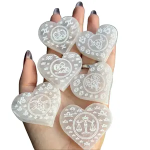 Selenite Etched Zodiac Heart Crystal Carving