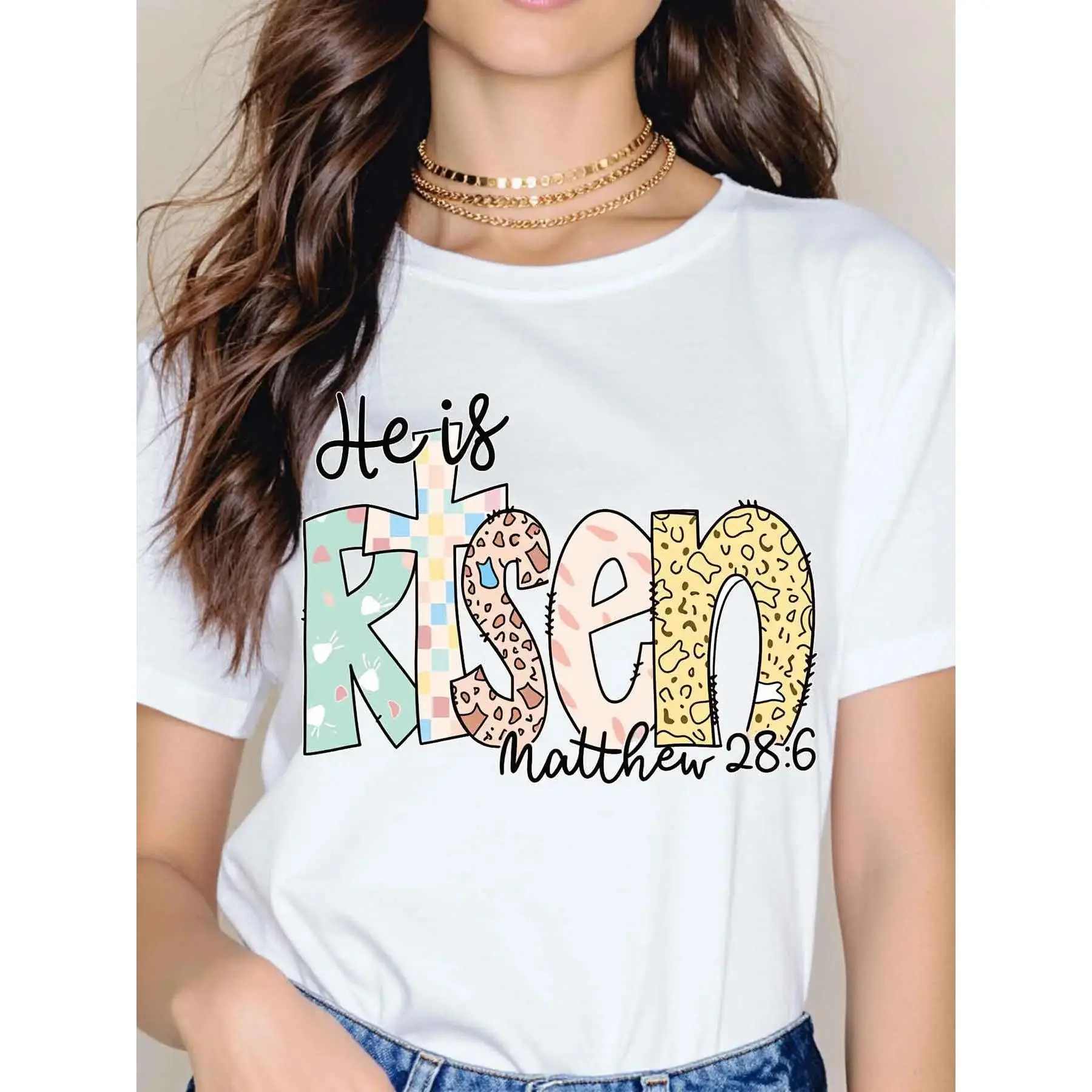 Women's He Is Risen T-Shirt - Casual Short Sleeve Polyester Top with Round Neck, Religious Quote Graphic for Easter, Casual Sport, Crew Neck, Sports