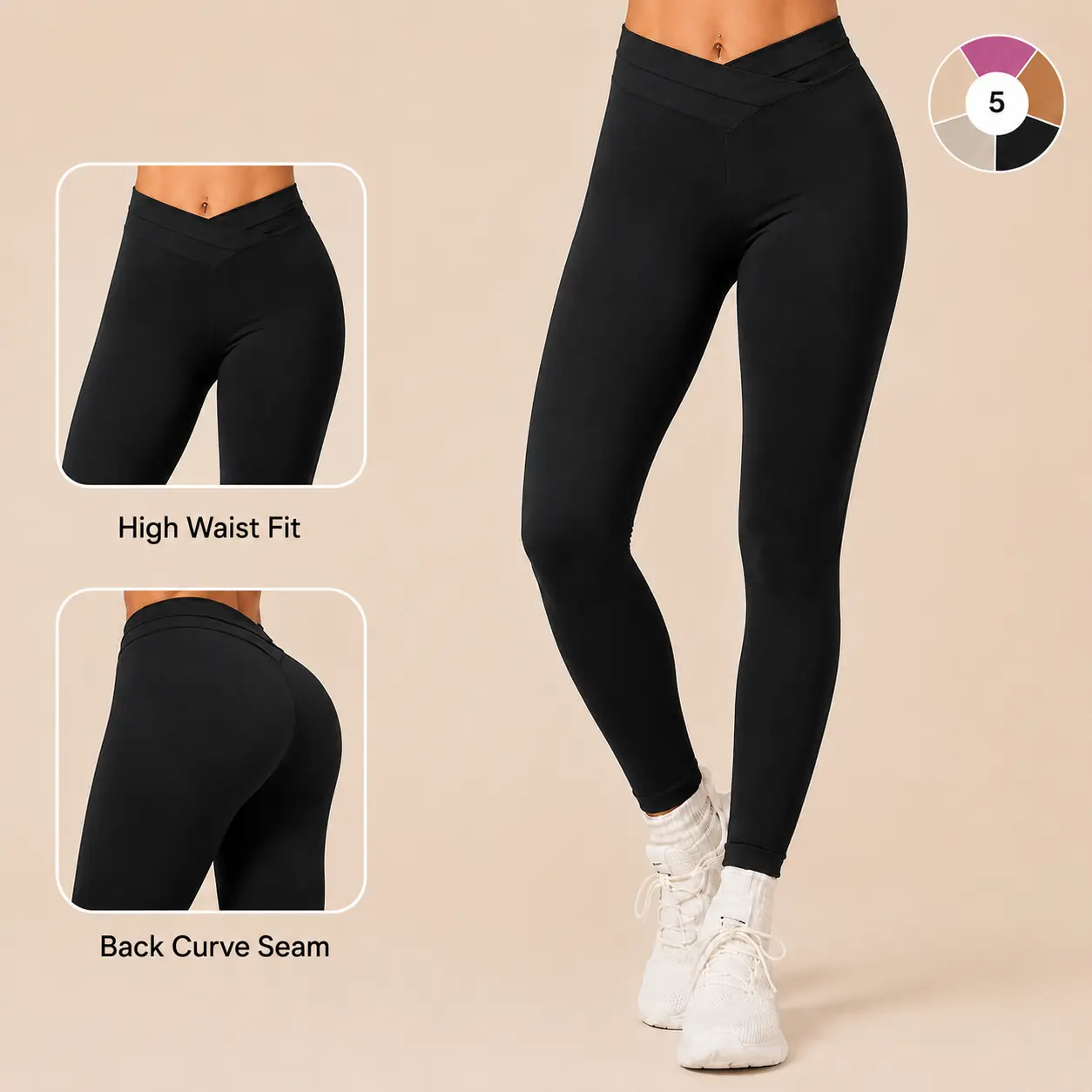 Women's V Waist Stretch Leggings, Full Length Activewear for Yoga Workout Exercise and Athletic Wear