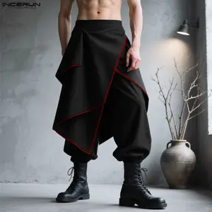 INCERUN Men's All Season Japanese Samurai Style Irregular Spliced Skirt Pants with Red Trim Harem Trousers Jogger Cuffs for Halloween Cosplay Streetwear Dance Performance Music Festival