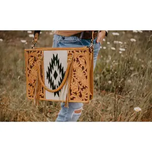 large leather tooled saddle blanket tote