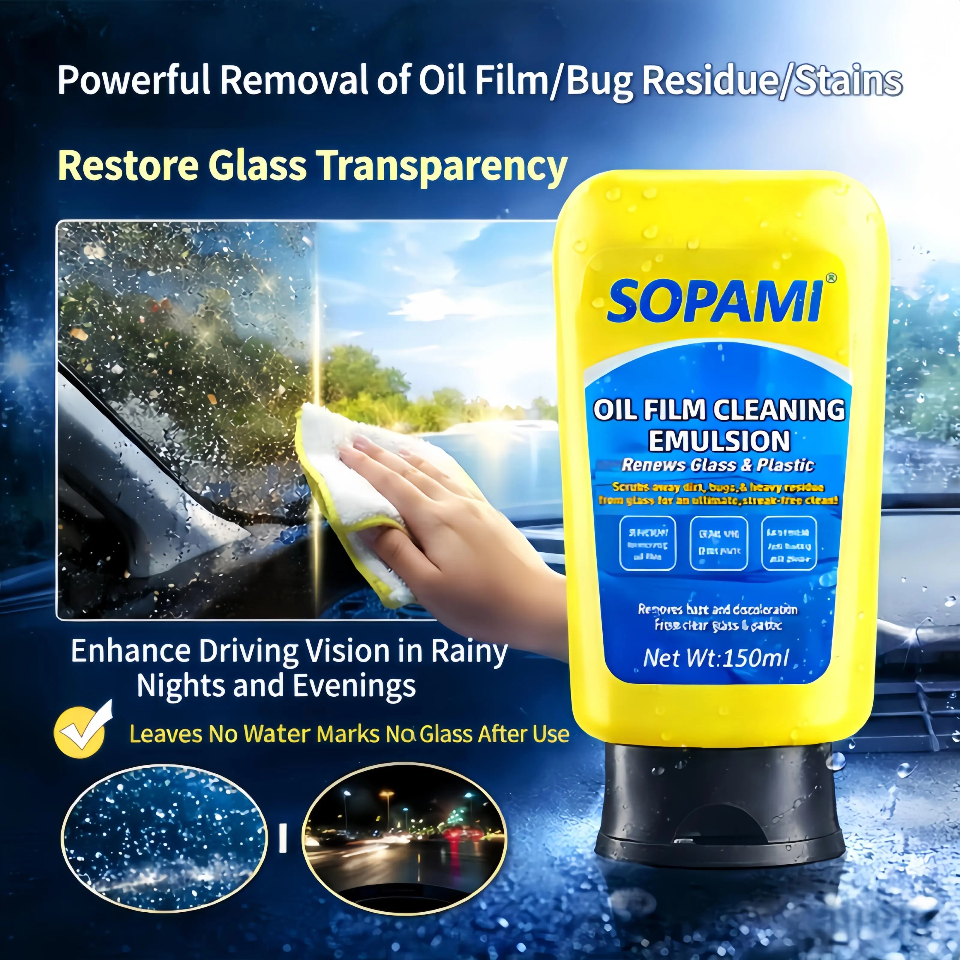 Car Oil Film Cleaning Solution for Glass Decontamination Fast Acting Formula Compact Easy to Carry Windshield Spray 150ml