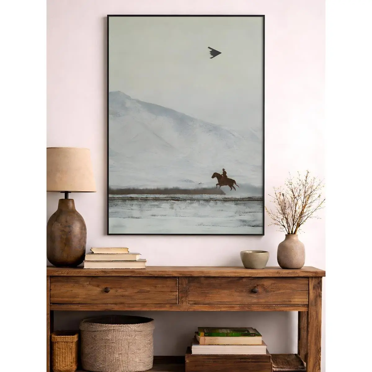 Artistic Satin Wall Print - Cowboy on Horse, B2 Spirit Flying, American Western Mountain Themed, Colorful Style Man Cave Decor Inspo Home Supplies Gift for Men
