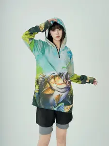 Women's Outdoor Fishing Sun Protection Suit, 3D Stream Bass Print, Quick Dry Breathable, Hooded Half Zipper, Must-Have Sportswear