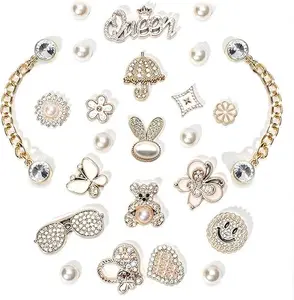 Girly Shoe Charms for Women Bling Pearl Cute Charms for Clogs Bags Bracelets DIY Accessories Set with "Queen" Design and Various Shapes