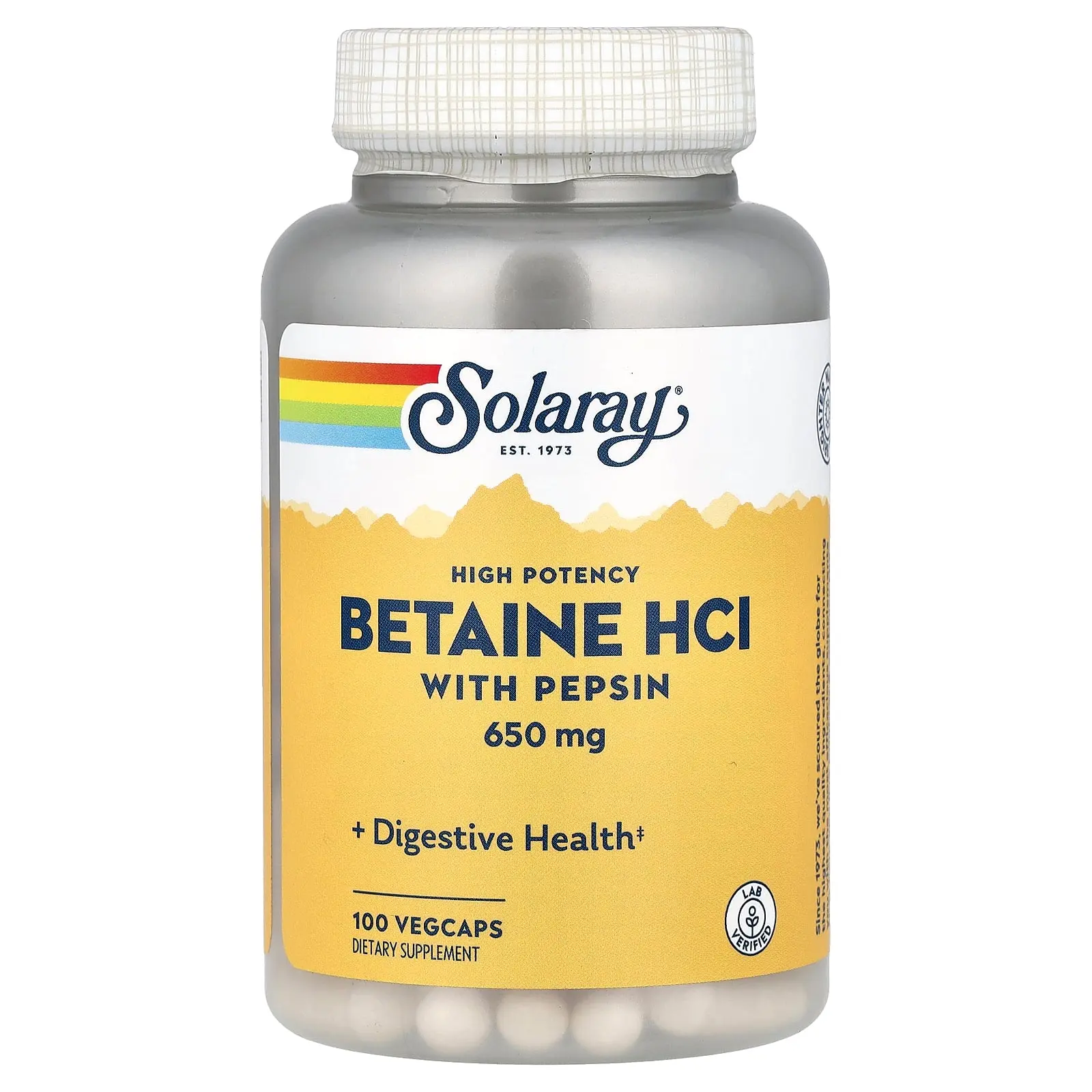 Solaray High Potency Betaine HCl with Pepsin, 100 VegCaps Solaray High Potency Betaine HCl with Pepsin, 100 VegCaps