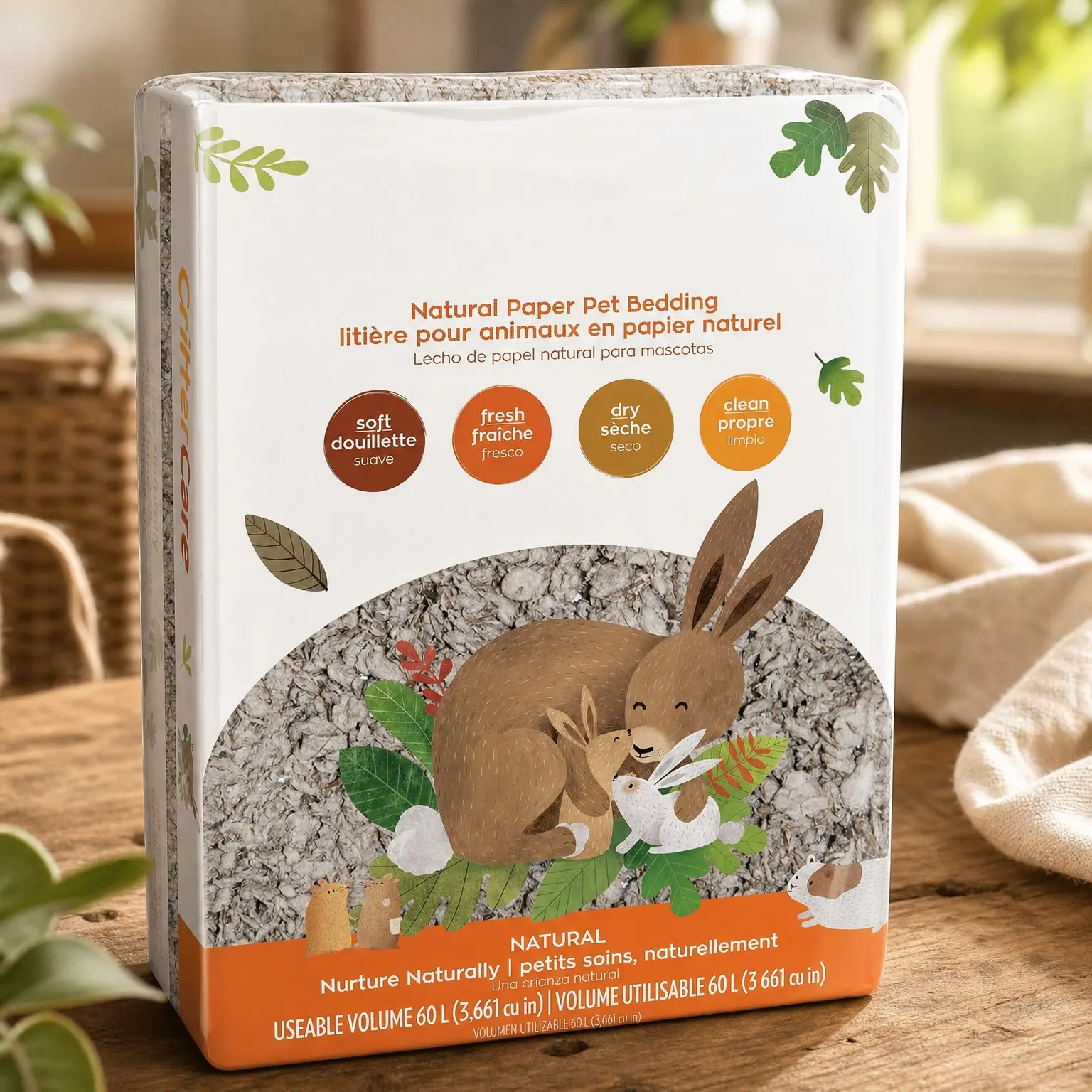 Natural Paper Small Pet Bedding, 60L - Odor Control, Unscented, 99% Dust Free, Super Absorbent for Guinea Pigs, Rabbits, Hamsters, Gerbils, Mice & RatsGift