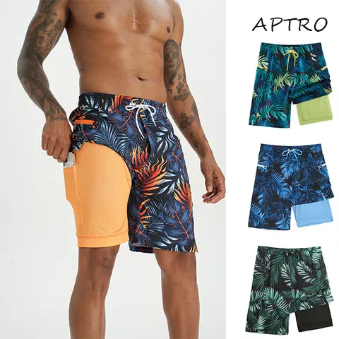 APTRO Men's 9-in Above-the-Knee Swim Trunks, 2-in-1 Quick-Dry Board Shorts with Compression Liner, Zipper Pockets, 4-Way Stretch, Relaxed Fit, Anti-Odour, UV-Protective for Swimming, Beach Wear