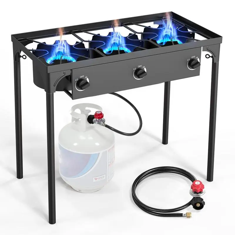 PineHome 3 Burner Propane Stove, 225,000 BTU High Pressure Outdoor Cooker with Cast Iron Head.Includes 0-20 PSI Regulator, Removable Legs for Camping, Tailgating, Home Brewing.