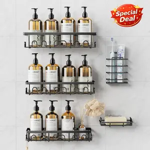 Benazcap Shower Caddy 5 Pack Rustproof Adhesive Bathroom Organizer with Soap Holder No Drilling for Bathtub Room Kitchen Home Storage Shelves Anti-rust Stainless Steel Durable Material Hollow
