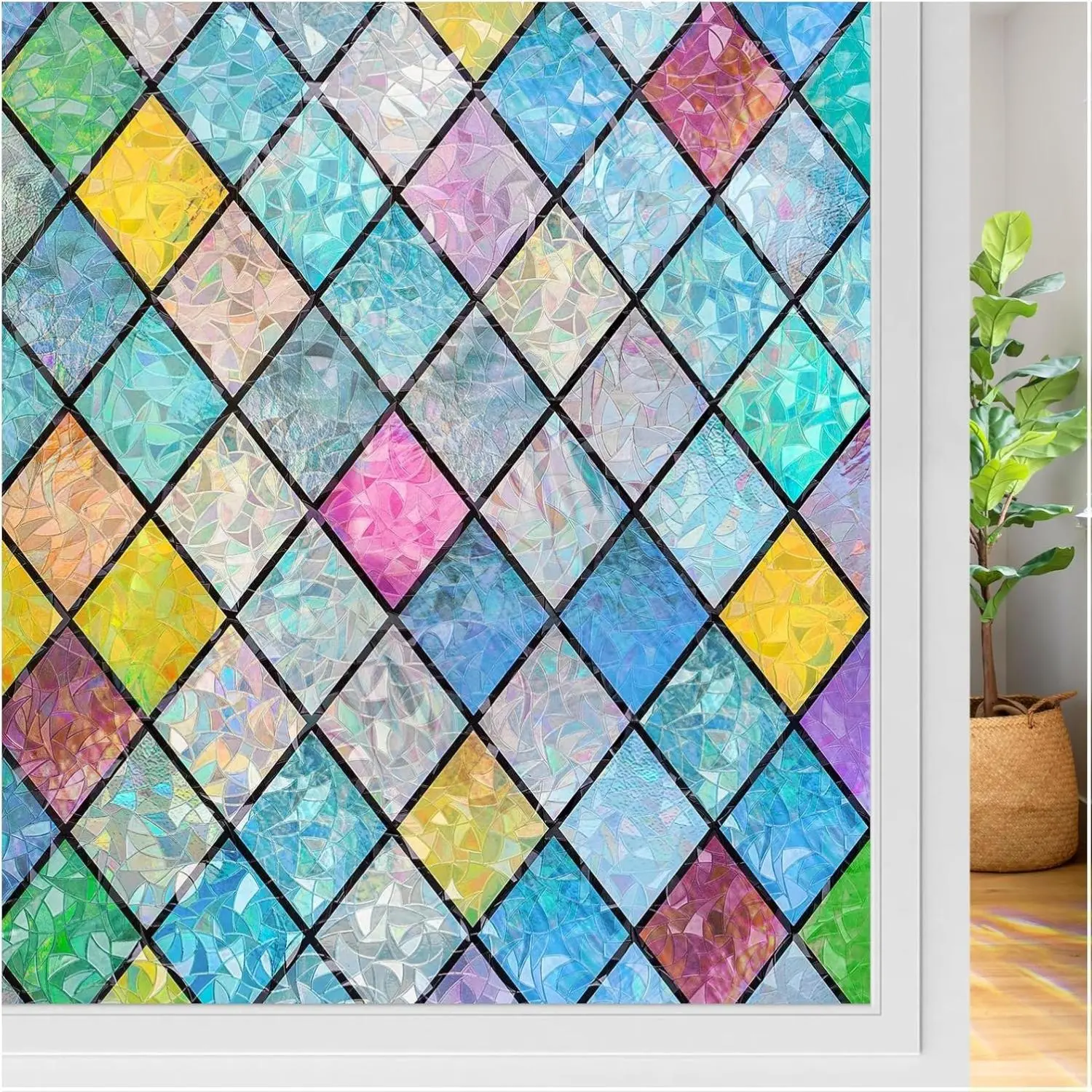 [New Deal] 1-Piece Stained Glass Vinyl Window Film - 3D Lattice Kaleidoscope Rainbow Privacy Cling, Decorative Static Sun Catcher Flat Sticker Window Covering for Home, 17.5x78.7in, One-Piece