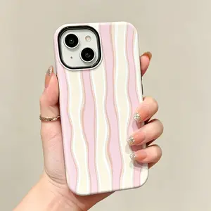 Light-Colored Wavy Stripe Pattern Phone Case , Shockproof Rugged Cover Dual Layer Soft TPU Bumper Hard Shell Design for iPhone 11 12 13 14 15 Plus 16 Pro 17 Pro Max Plus Air, Heavy-Duty Protection phone cases