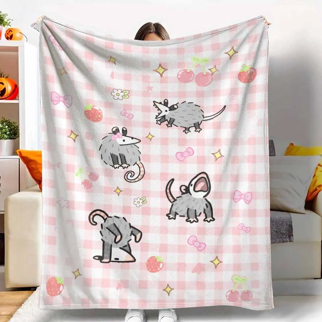 Cute Opossum Flannel Fleece Throw Blanket, Kawaii Pink Gingham Cherry Aesthetic Pattern, Ultra Soft Lightweight Warm Bedding Accessory for Bedroom, Travel, Winter Home Decor & Birthday Gift