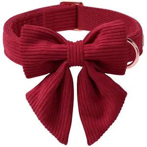 Wine Red Corduroy Dog Collar with Detachable Bow Adjustable Christmas Design for All Sizes Handmade Craftsmanship Secure Metal Buckle