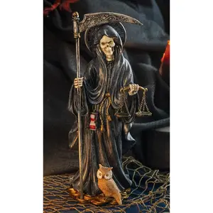 Standing Black Santa Muerte With Scythe Scales of Justice And Wise Owl Figurine