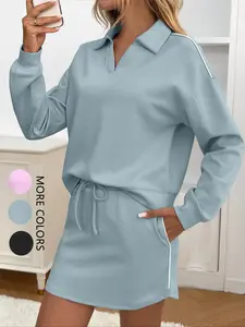 Women's Casual Two-Piece Set, Long Sleeve Shirt & Elastic Waist Skirt, Anti-Exposure Safety Pants, Sporty for Daily Wear