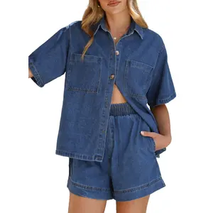 Sidefeel Women's Summer Denim Two-Piece Set Short-Sleeve Button-Down Shirt and Elastic Waist Shorts Casual Outfit