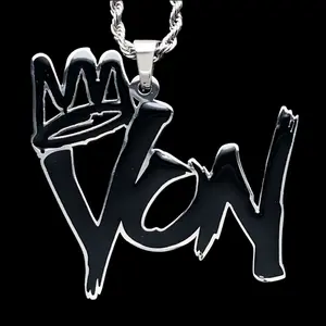 Black King Von Necklace 1.5" Mirror Polished OTF Pendant Stainless Steel Hypoallergenic Laser Cut Enamel O Block Lil Durk Choice of Chain Free Gift Included