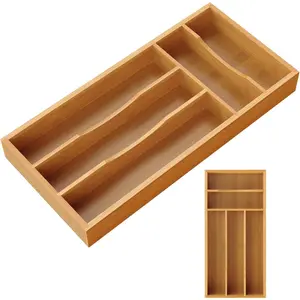 Bamboo Small Silverware Organizer, Kitchen Drawer Cutlery Utensil Flatware Organizer Tray Holder, Size 14.2"x6.7"x1.6"