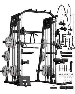 【Christmas Gift】Smith Machine Home Gym All in One, 2200LBS Squat Rack Power Cage with Smith Bar, LAT Pull-Down, Cable Systems, Leg Hold-Down and More Attachments, Workout Equipment (Red Black)
