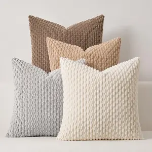 evin  4 Pacs Neutral Decorative Throw Pillow Covers 18x18 Inch for Living Room Couch Bed Sofa, Rustic Farmhouse Boho  Decor, Soft Plush Striped Corduroy Square Cushion Case 45x45 cm