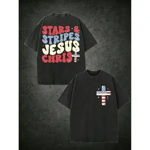 Retro Men s T Shirt Featuring Double Sided Stars and Stripes and Jesus Christ Design Loose Fit Drop Shoulder Casual Summer Short Sleeve Heavyweight Fabric Classic 90s Style Graphic Tee