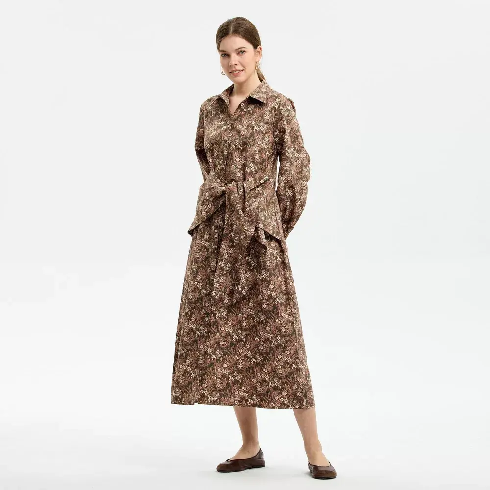 Women's Long Sleeve Front Belted Maxi Shirtdress - Universal