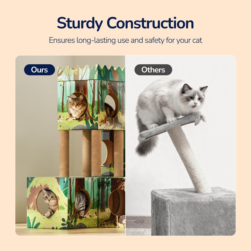 PalNests Cardboard Cat Tree 3-in-1 Multi-Level Tower with Scratching Posts & Tunnel for Kittens & Medium Cats DIY Recyclable