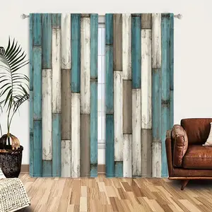 2pcs Window Curtains, Weathered vertical wooden planks in alternating blue, white, and taupe colors, showing a distressed, rustic texture.Window Drapes for Bedroom Living Room, Rod Pocket Window Treatment